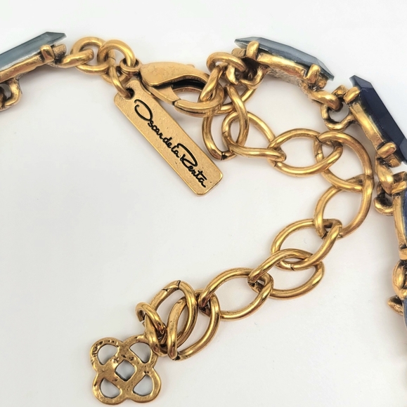 Oscar de la Renta Blue Swarovski Crystal + Glass Leaf Statement Necklace Gold - Picture 12 of 14